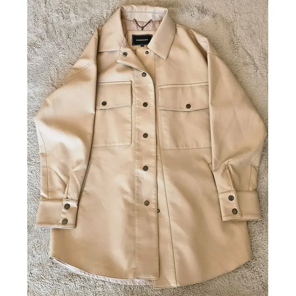 BCBGMAXAZRIA Faux-Leather Shirt Jacket Tan Oversized Fit Womens Sz S